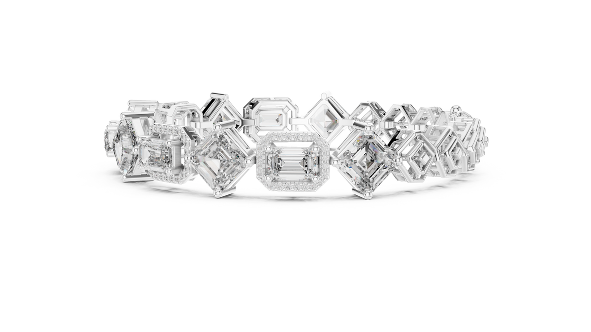 Diamond ring with various cut diamonds on a white background