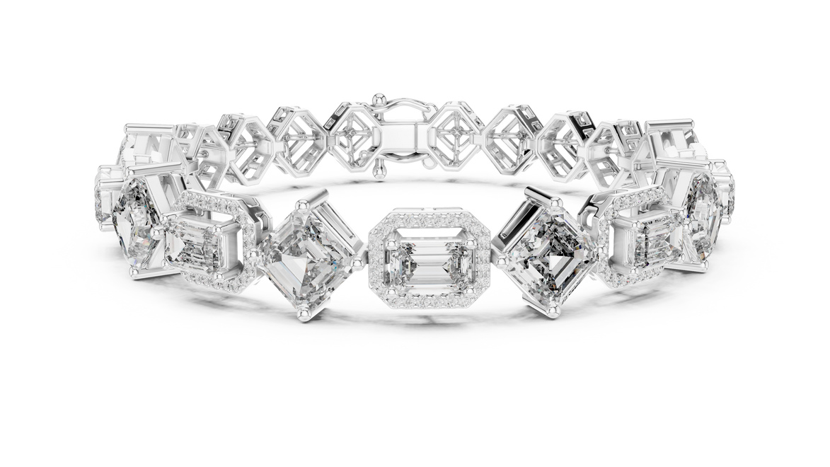 Diamond bracelet with various cut diamonds on a white background