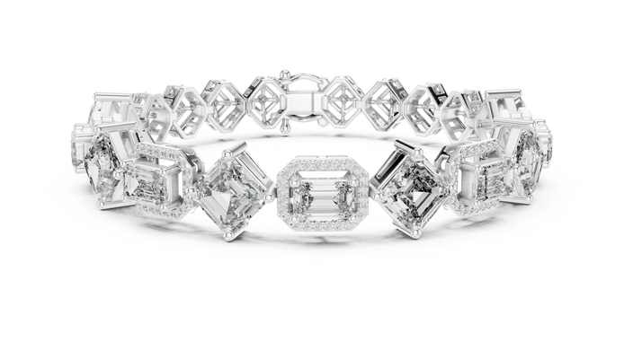 Diamond bracelet with various cut diamonds on a white background