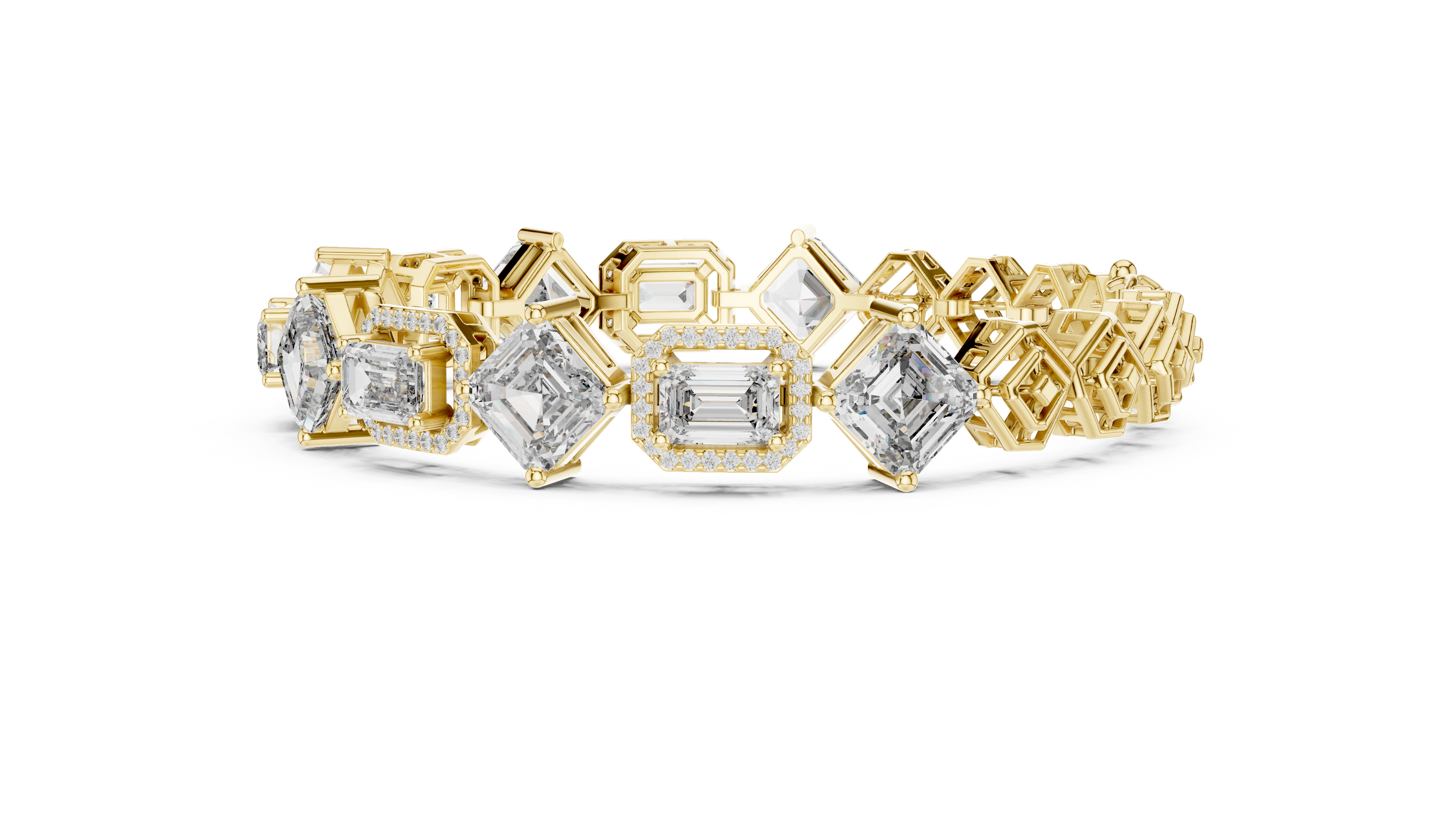 Gold ring with various diamond shapes on a white background