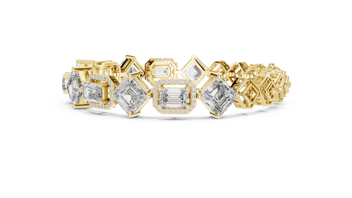 Gold ring with various diamond shapes on a white background