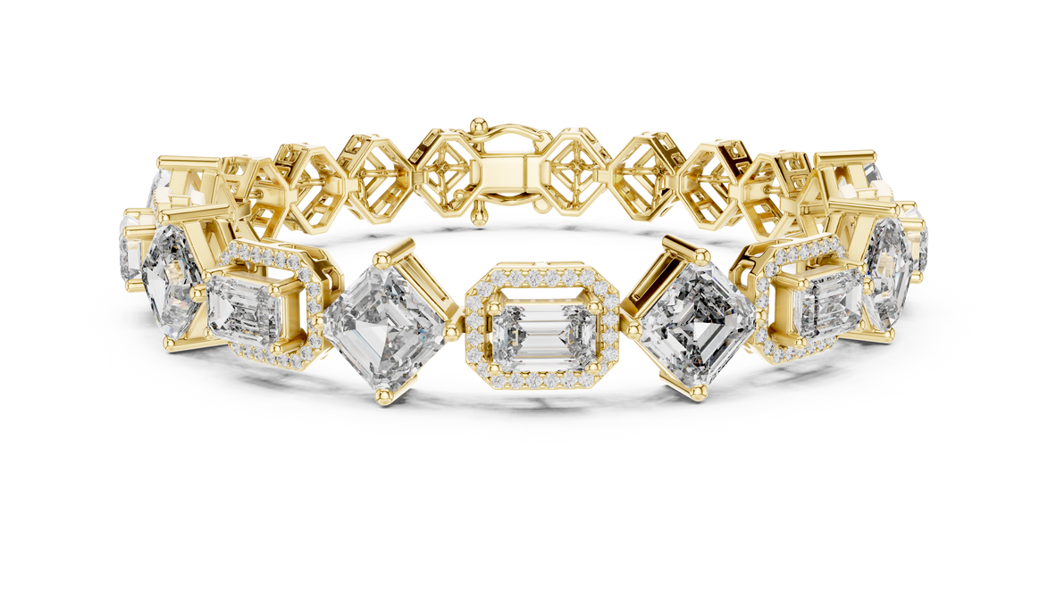 Gold bracelet with diamond accents on a white background