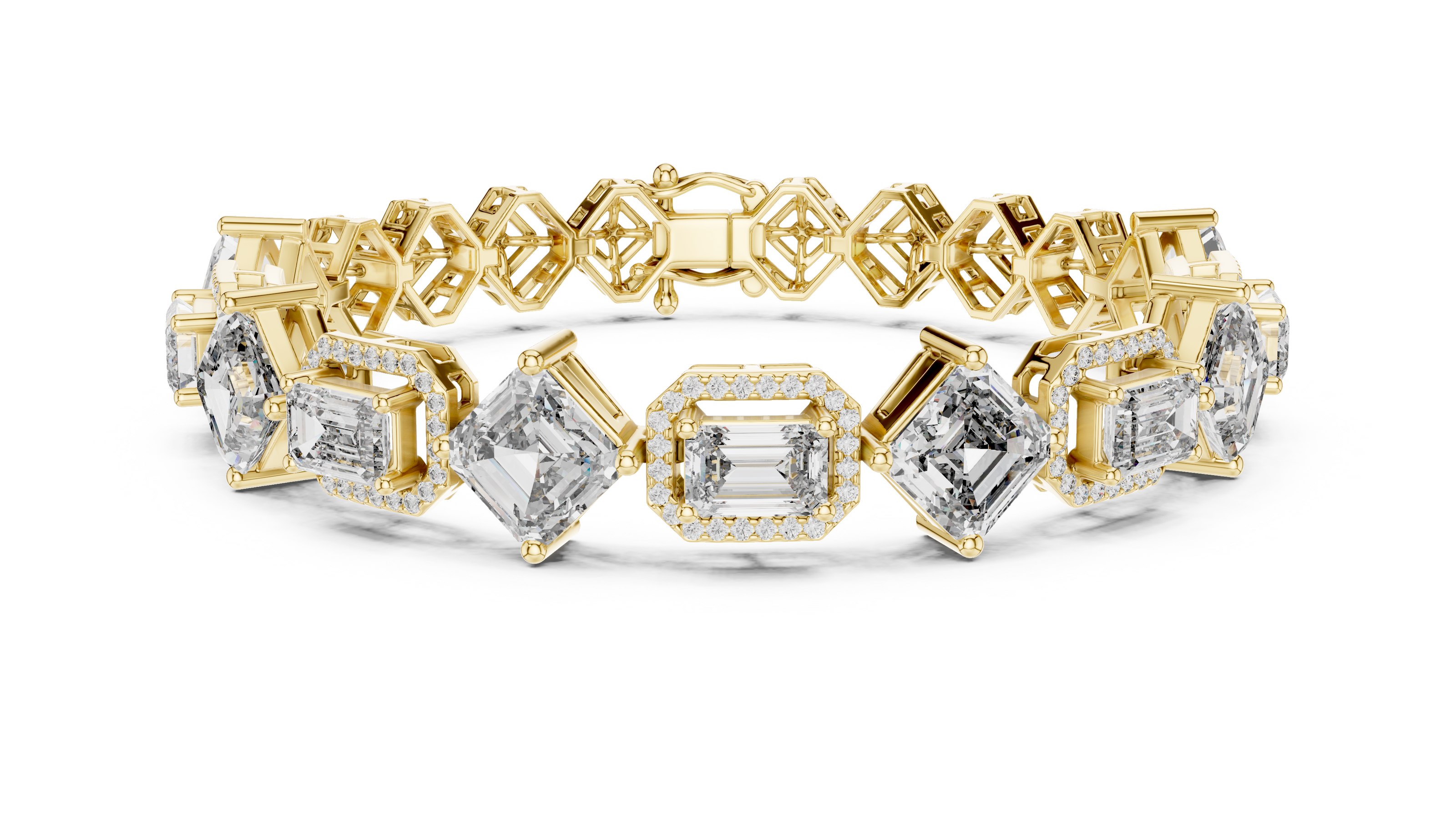 Gold bracelet with diamond accents on a white background
