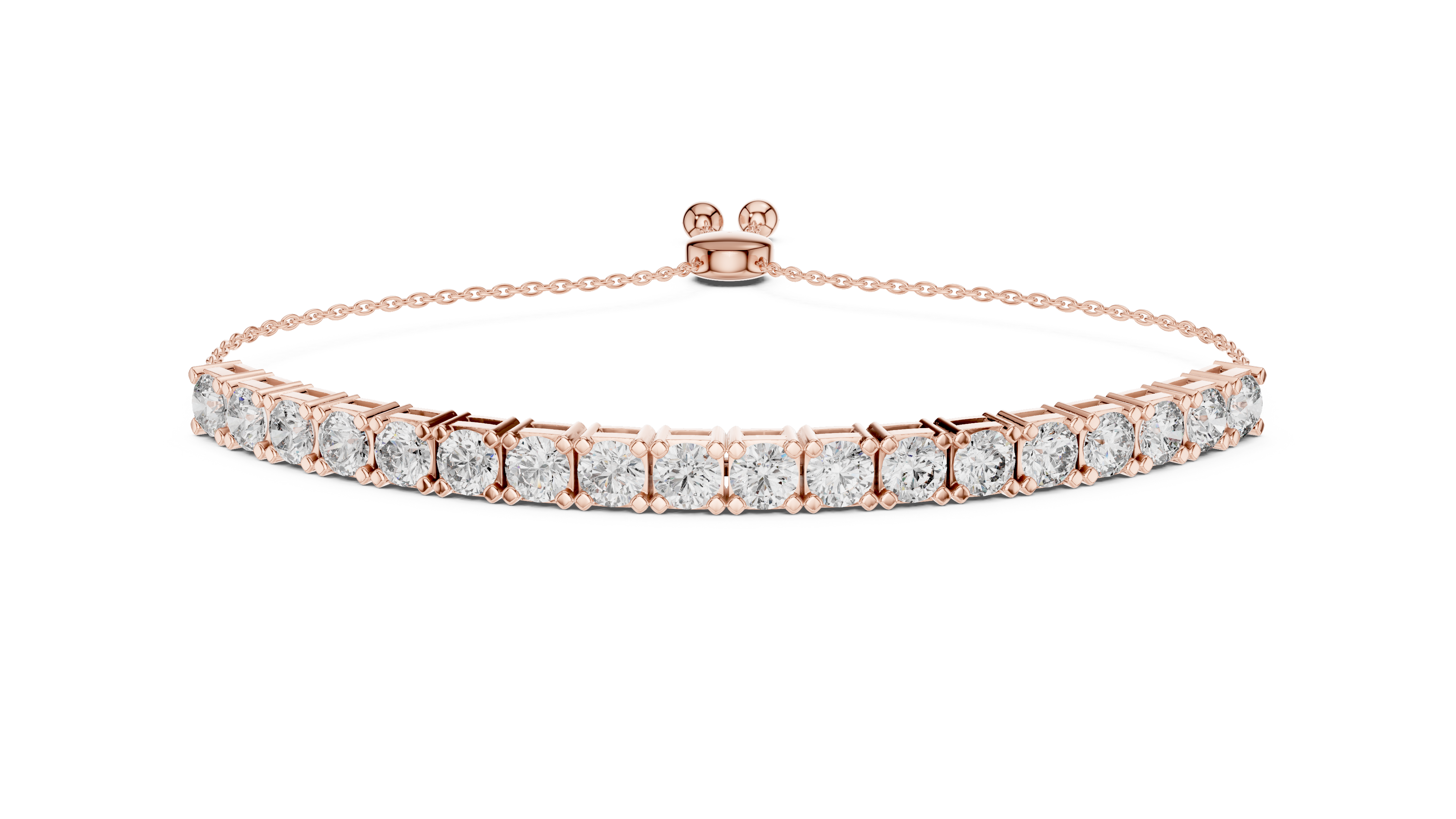 Rose gold bracelet with clear gemstones on a white background