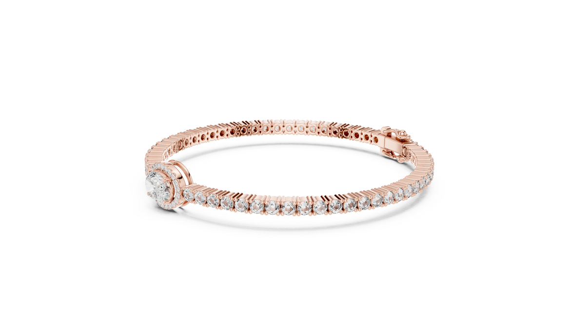 Rose gold ring with diamonds on a white background