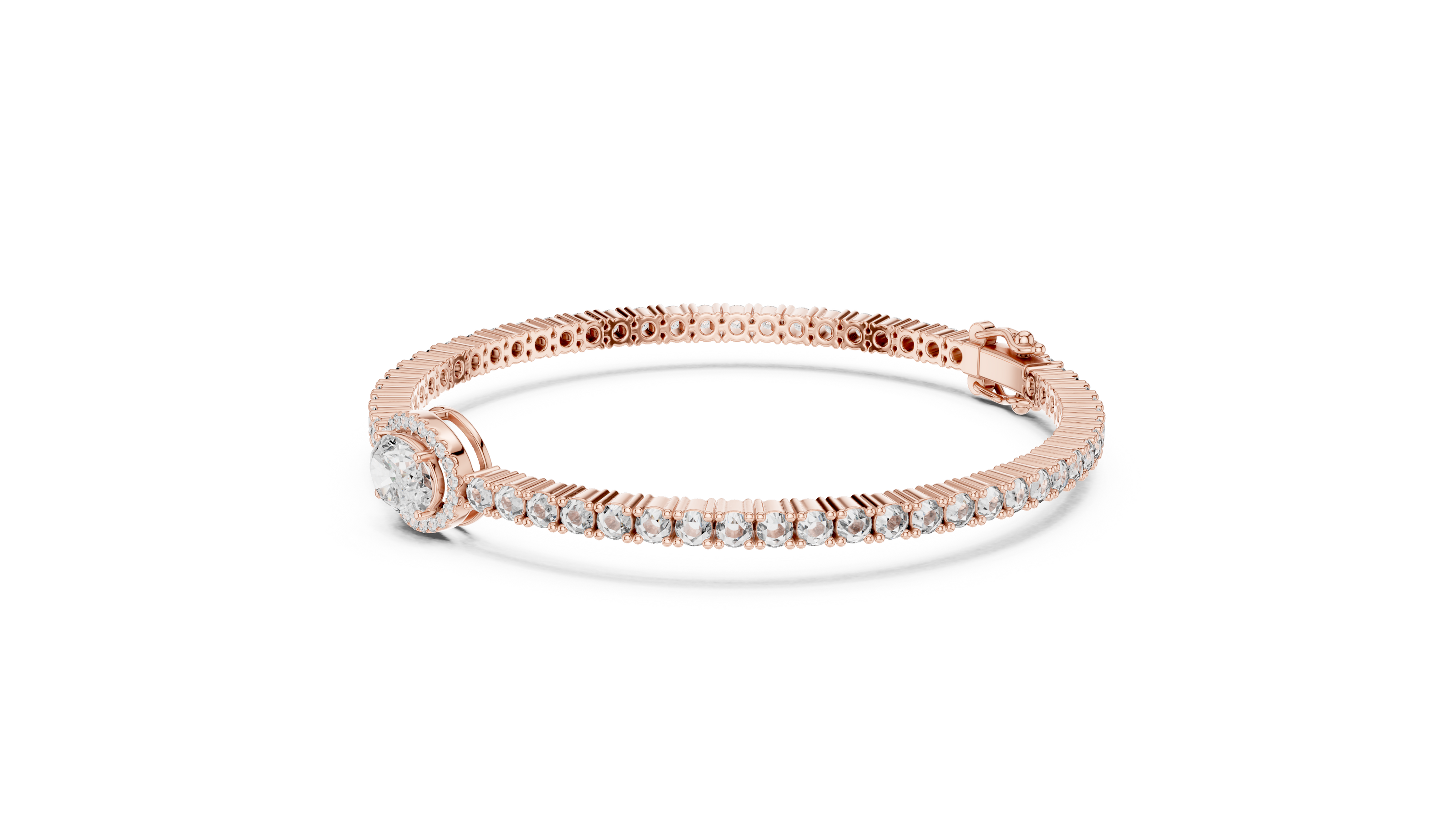 Rose gold ring with diamonds on a white background