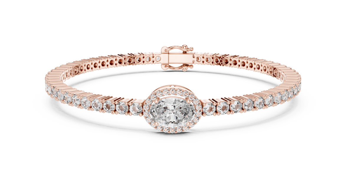Rose gold bracelet with a central diamond on a white background