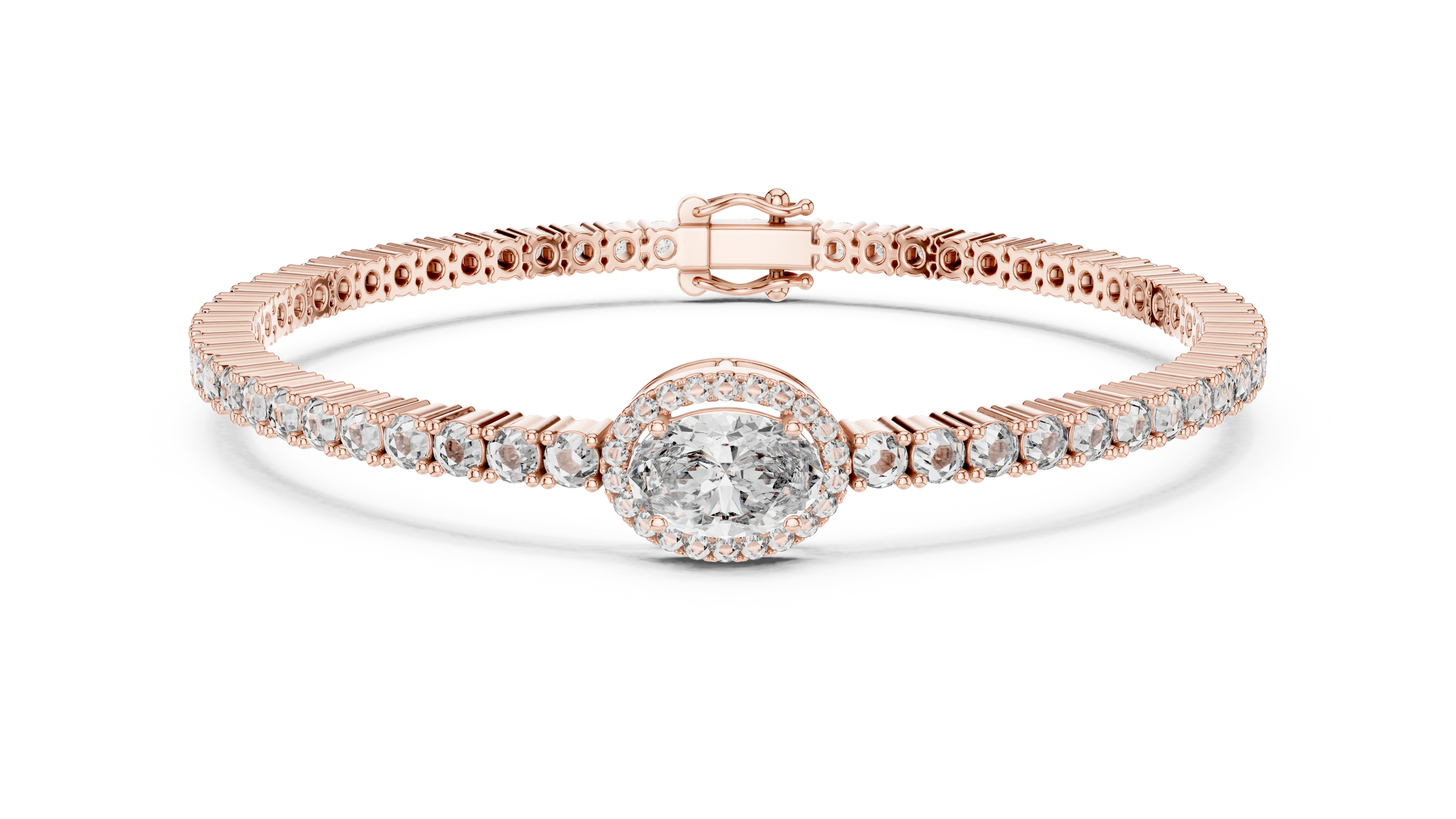 Rose gold bracelet with a central diamond on a white background