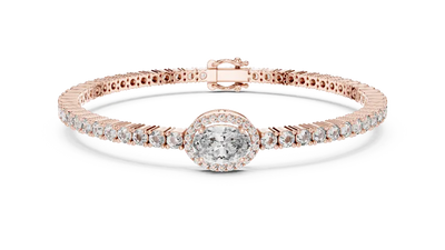 Rose gold bracelet with a central diamond on a white background