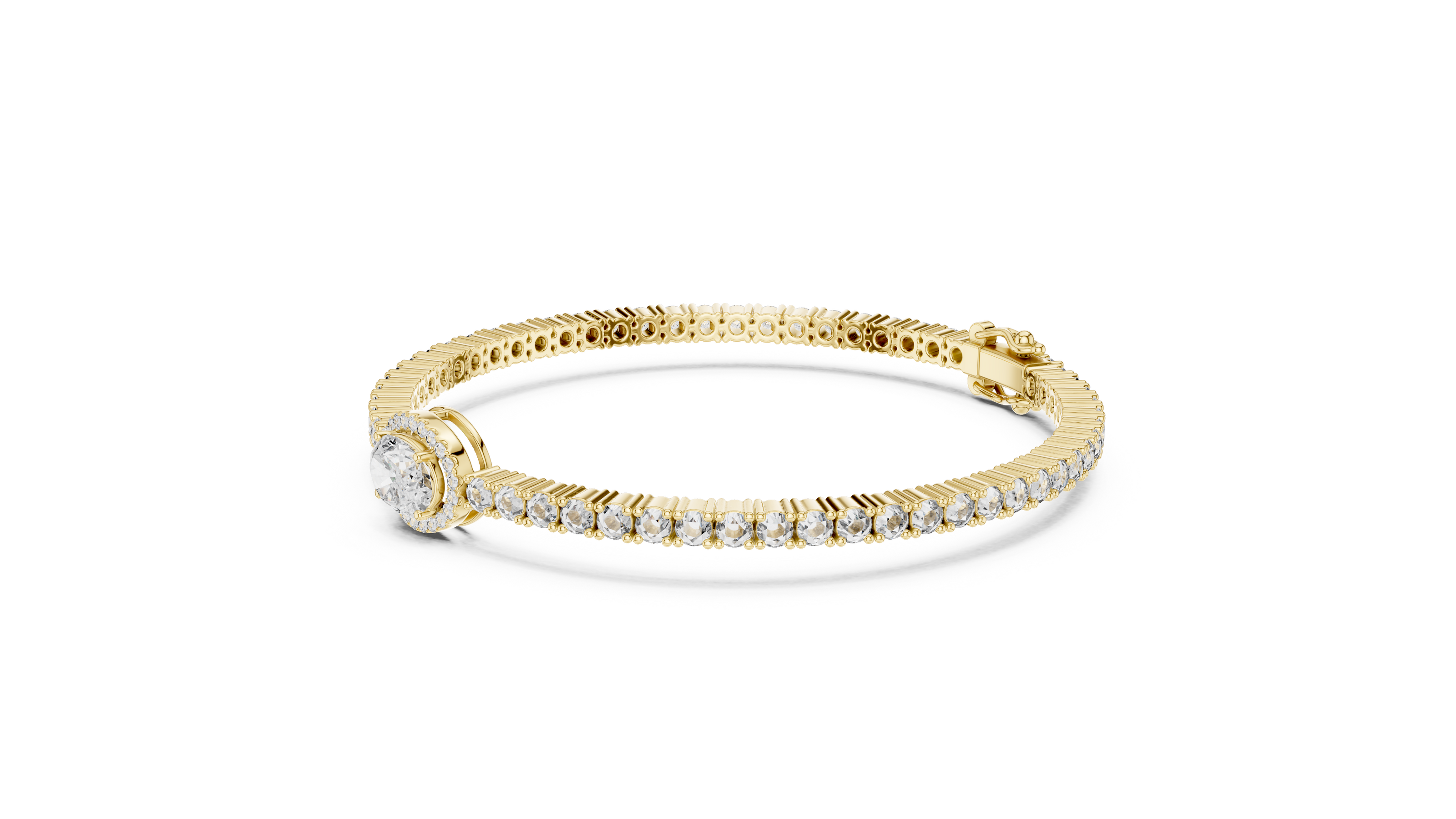Gold ring with embedded diamonds on a white background