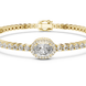 Gold bracelet with a central diamond and smaller diamonds on a white background