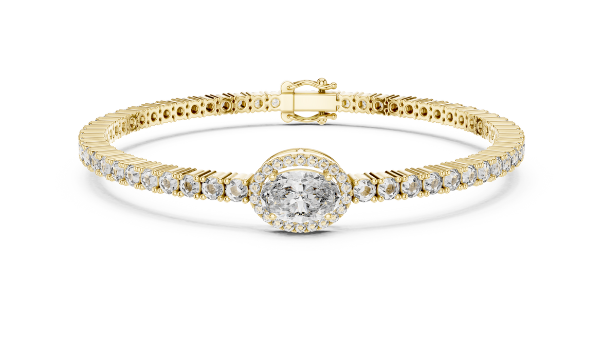 Gold bracelet with a central diamond and smaller diamonds on a white background