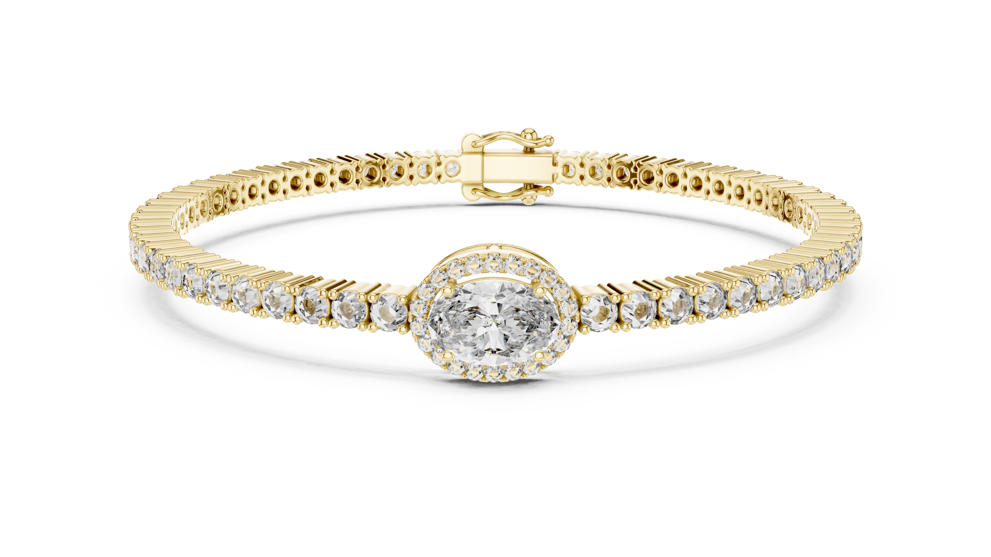 Gold bracelet with a central diamond and smaller diamonds on a white background