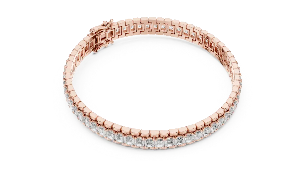 Rose gold bracelet with clear stones on a white background