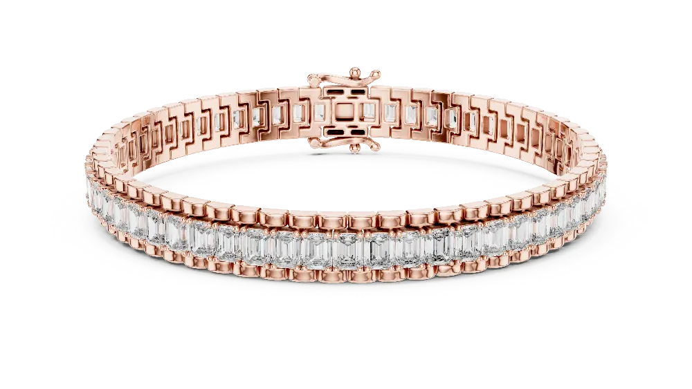 Rose gold bracelet with clear gemstones on a white background