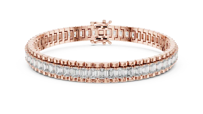 Rose gold bracelet with clear gemstones on a white background