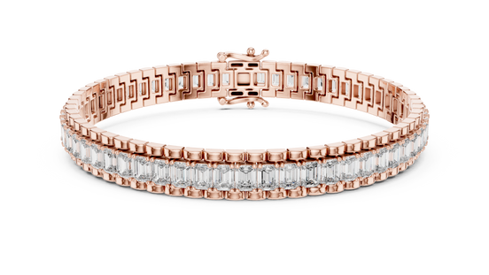 Rose gold bracelet with clear gemstones on a white background