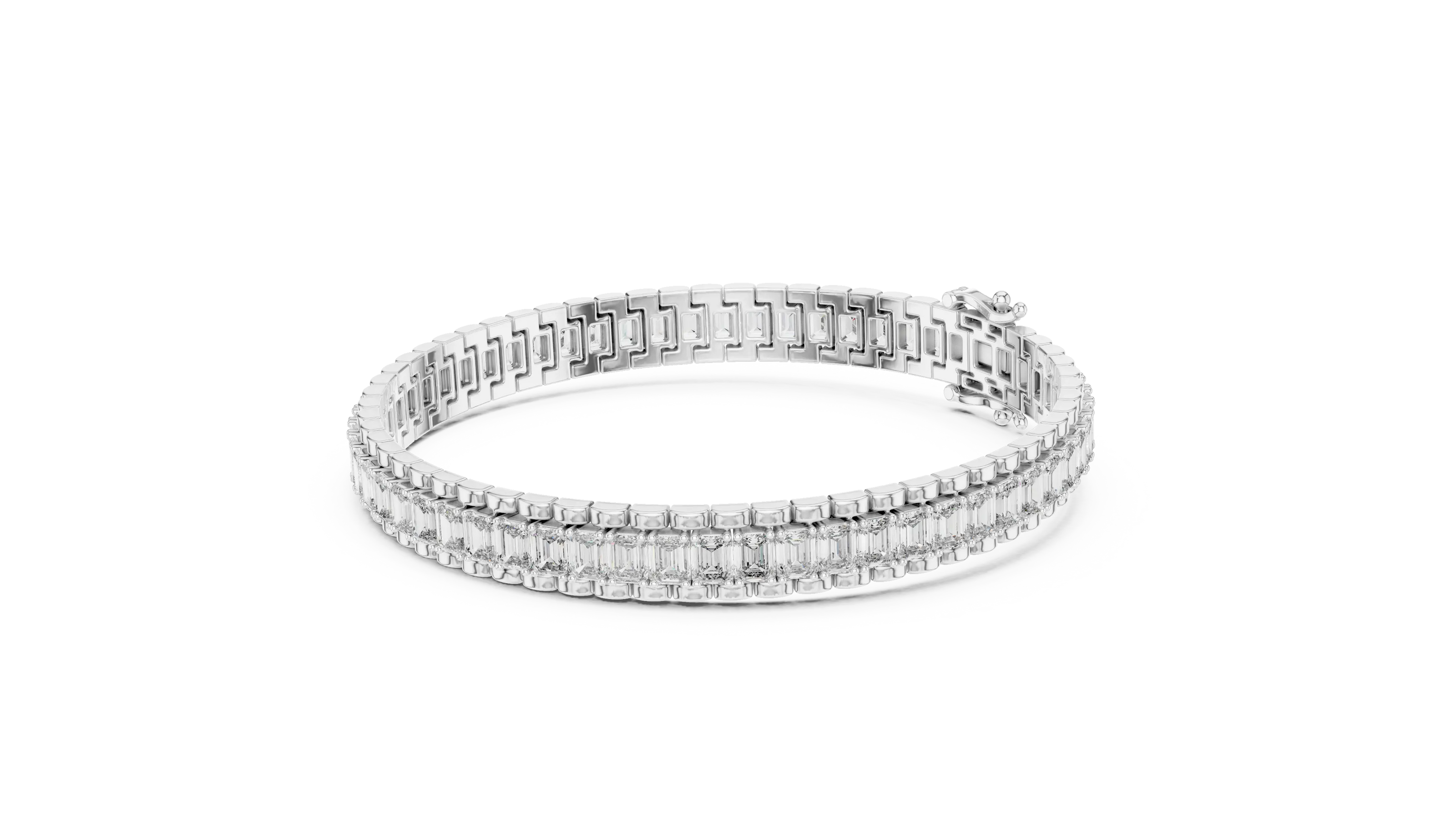 Silver bracelet with rectangular gemstones on a white background
