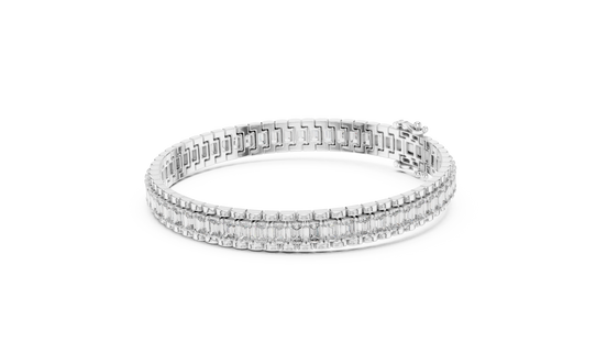 Lab grown round diamond tennis bracelet available in yellow gold white gold and rose gold with 49 brilliant diamonds in elegant collet setting