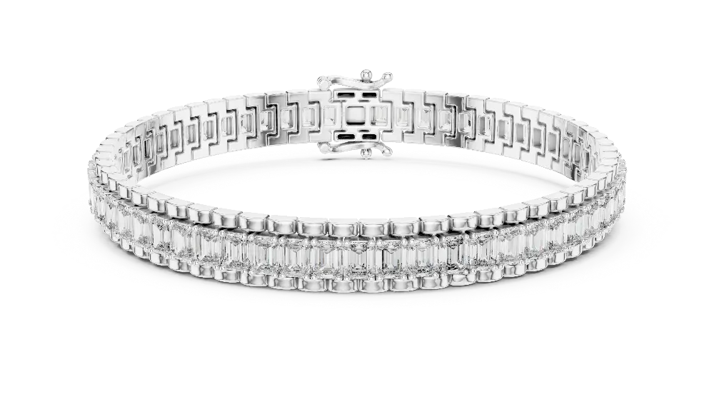Silver bracelet with rectangular gemstones on a white background