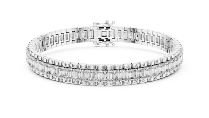 Silver bracelet with rectangular gemstones on a white background