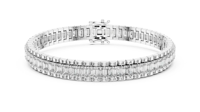 Silver bracelet with rectangular gemstones on a white background