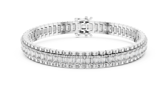 Silver bracelet with rectangular gemstones on a white background