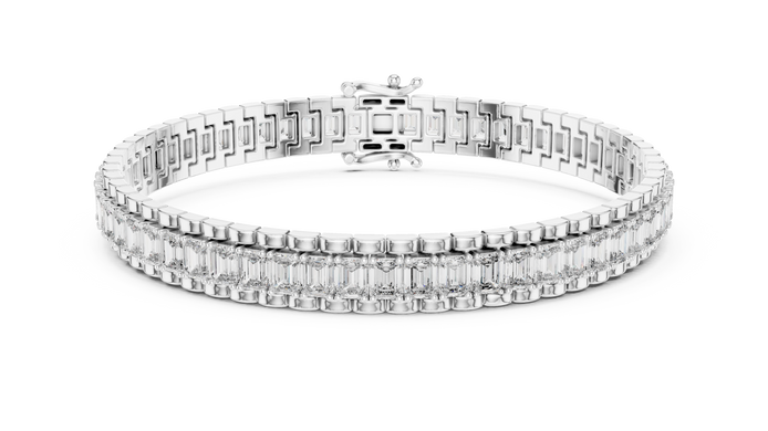 Lab grown round diamond tennis bracelet available in yellow gold white gold and rose gold with 49 brilliant diamonds in elegant collet setting
