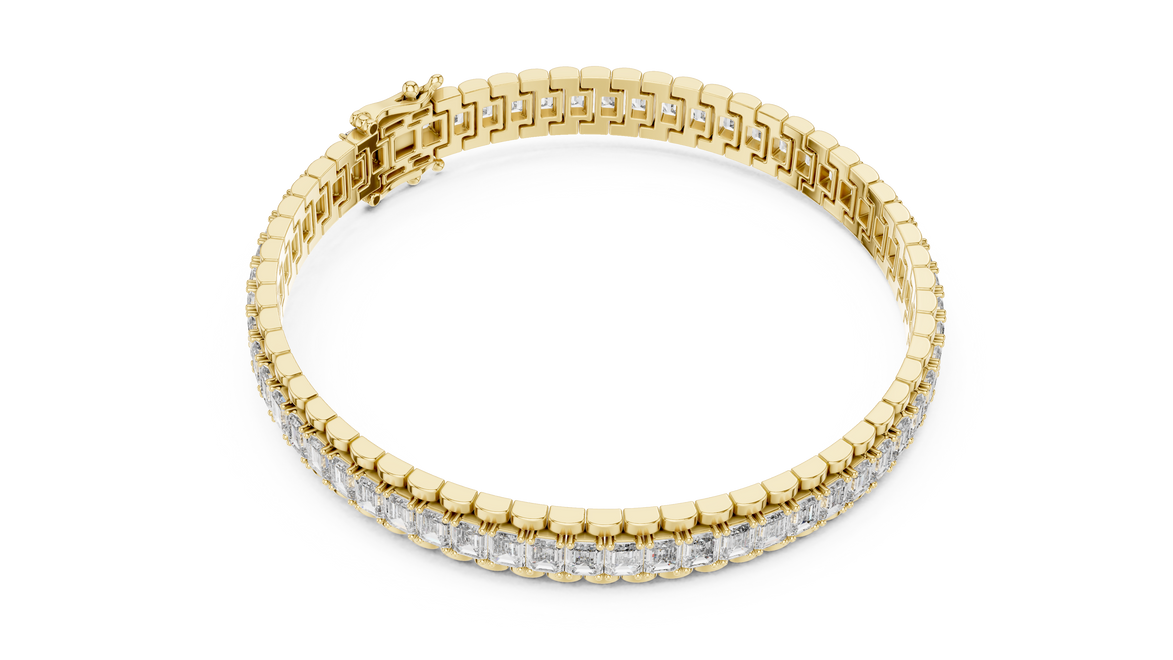 Lab grown round diamond tennis bracelet available in yellow gold white gold and rose gold with 49 brilliant diamonds in elegant collet setting