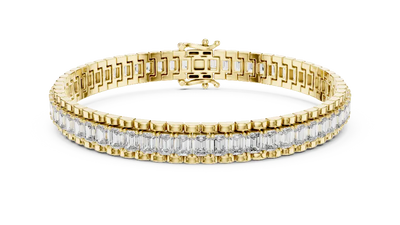 Lab grown round diamond tennis bracelet available in yellow gold white gold and rose gold with 49 brilliant diamonds in elegant collet setting