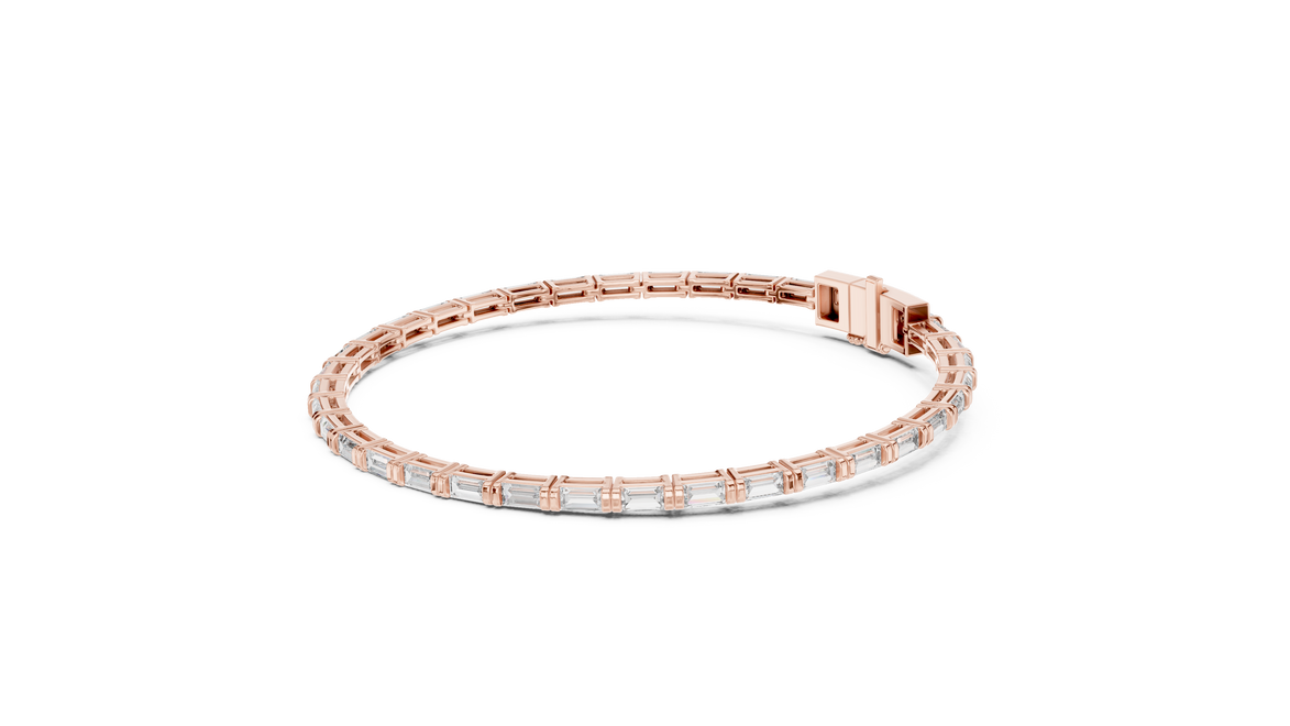Lab grown baguette diamond tennis bracelet in yellow gold white gold and rose gold featuring sleek geometric diamond settings