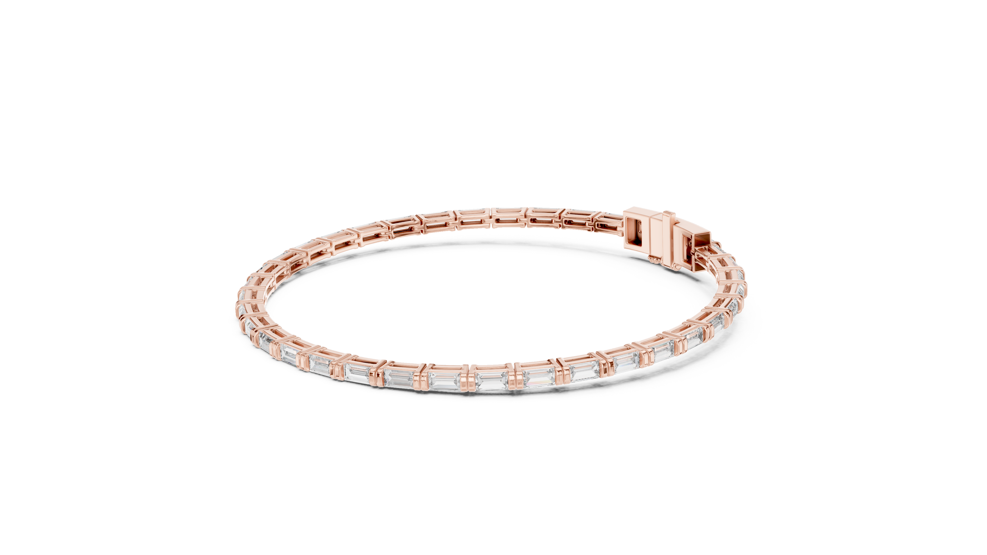 Lab grown baguette diamond tennis bracelet in yellow gold white gold and rose gold featuring sleek geometric diamond settings