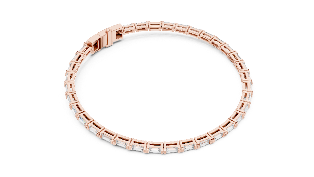 Lab grown baguette diamond tennis bracelet in yellow gold white gold and rose gold featuring sleek geometric diamond settings