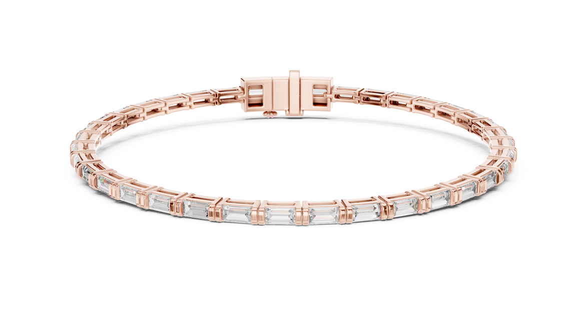 Rose gold bracelet with clear stones on a white background