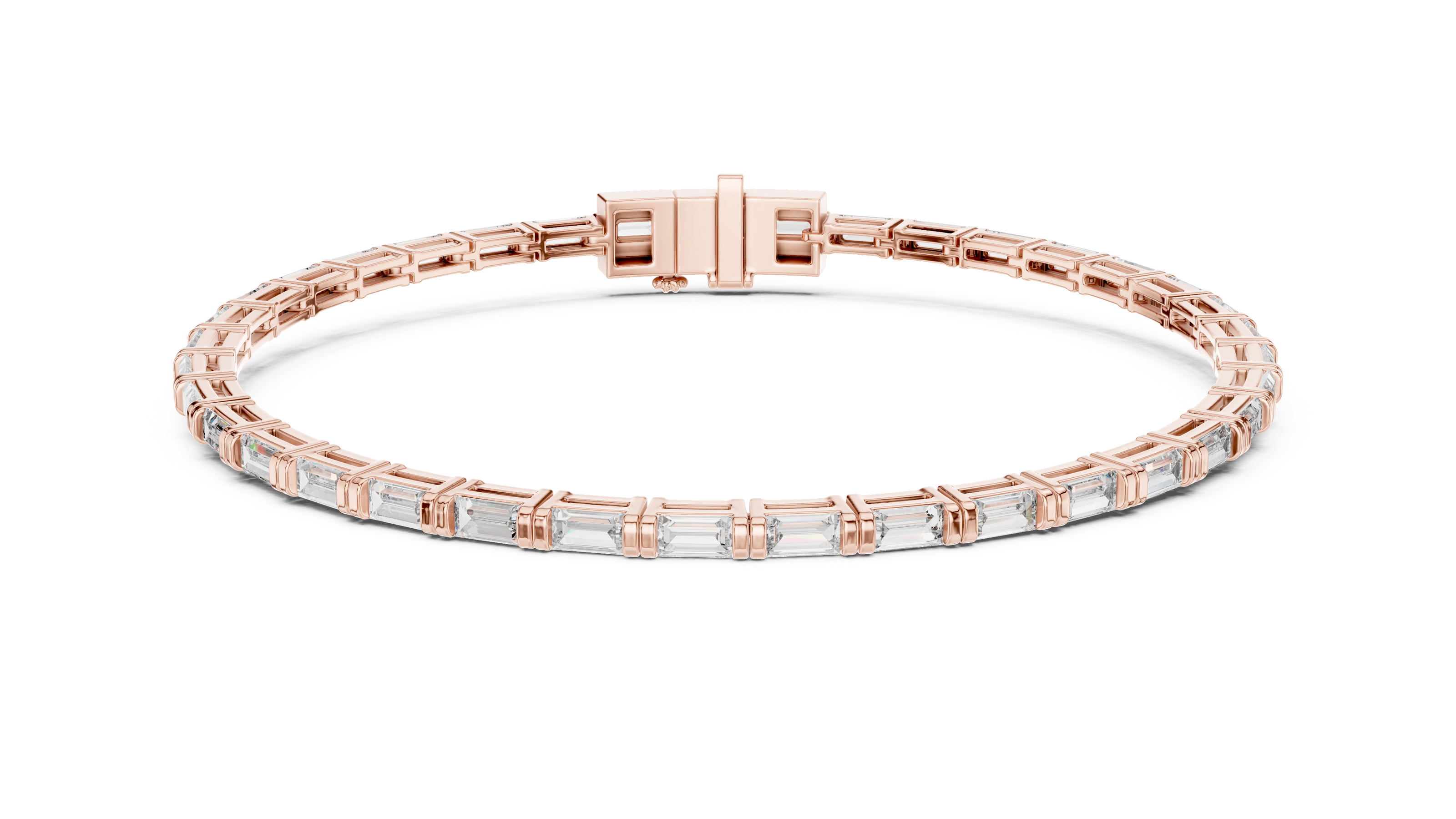Rose gold bracelet with clear stones on a white background