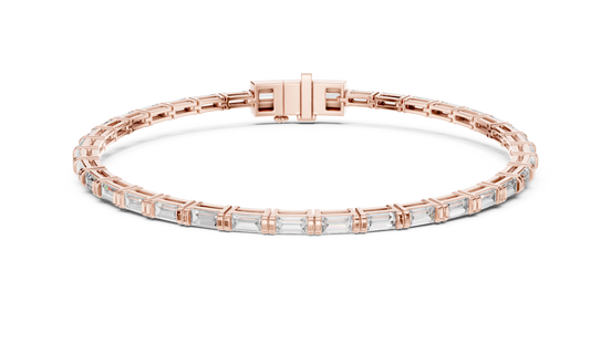 Rose gold bracelet with clear stones on a white background