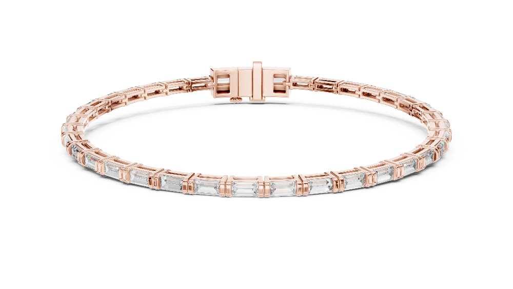 Lab grown baguette diamond tennis bracelet in yellow gold white gold and rose gold featuring sleek geometric diamond settings