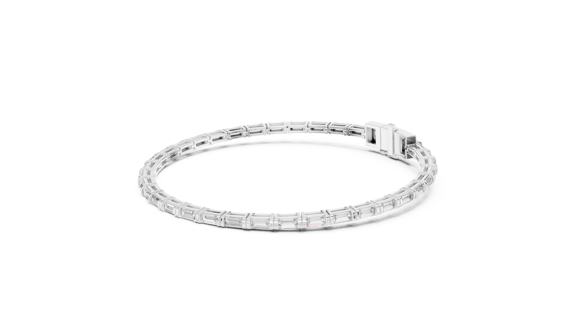 Lab grown baguette diamond tennis bracelet in yellow gold white gold and rose gold featuring sleek geometric diamond settings