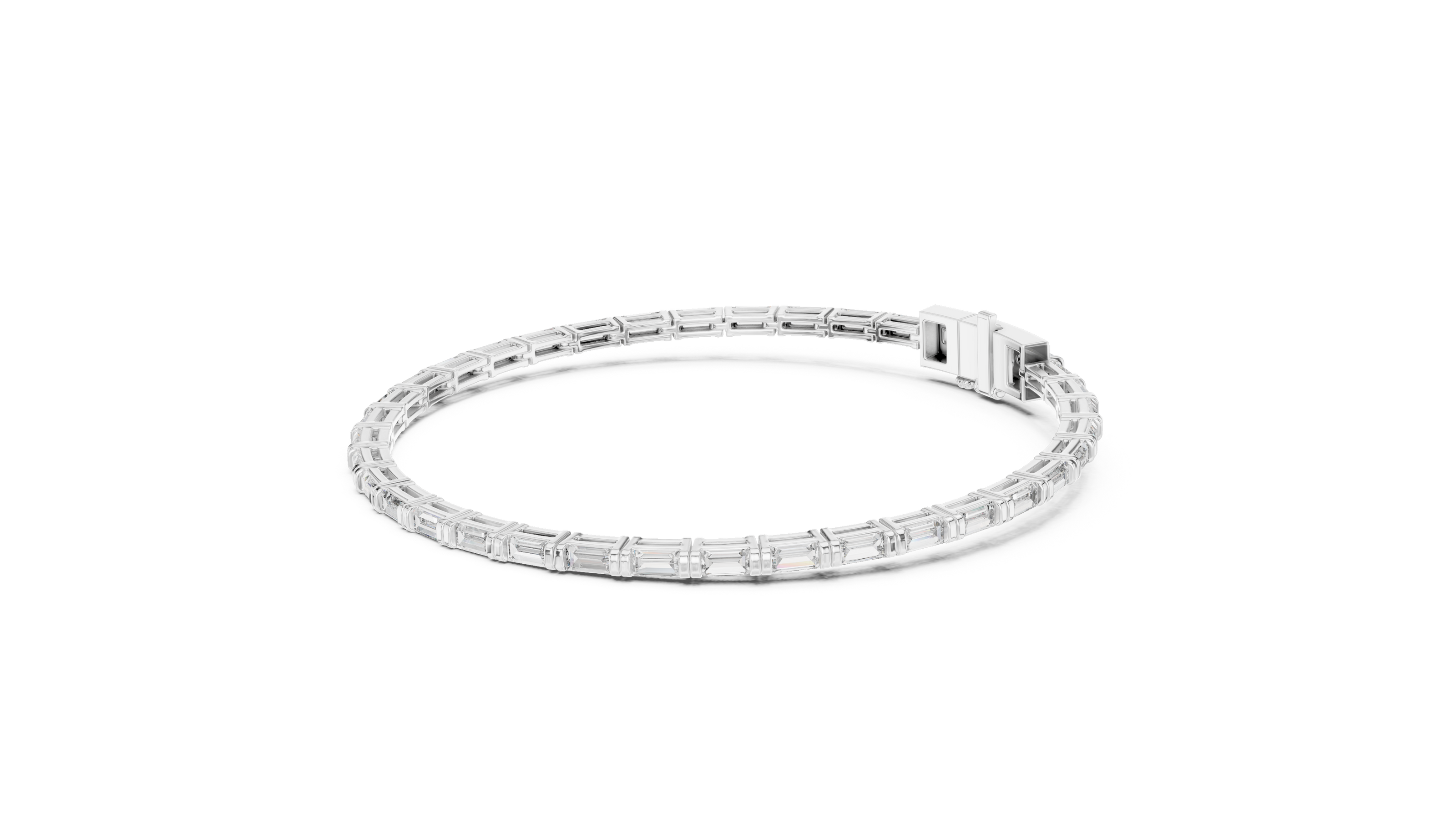 Lab grown baguette diamond tennis bracelet in yellow gold white gold and rose gold featuring sleek geometric diamond settings