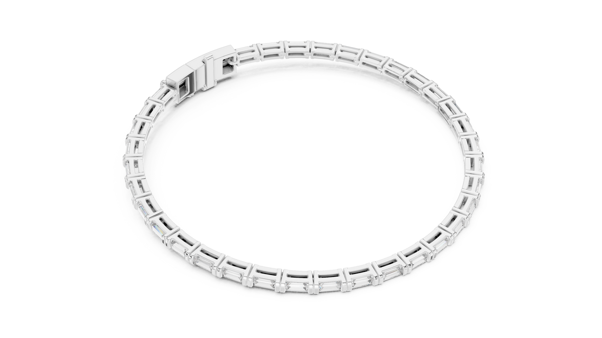 Lab grown baguette diamond tennis bracelet in yellow gold white gold and rose gold featuring sleek geometric diamond settings