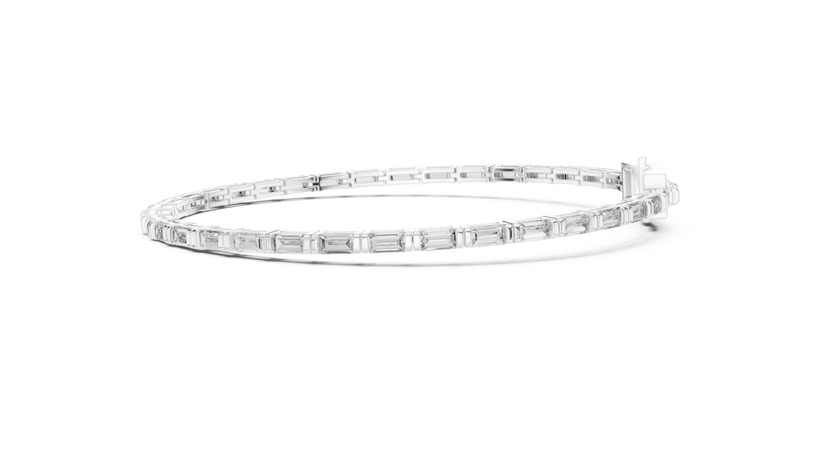 Lab grown baguette diamond tennis bracelet in yellow gold white gold and rose gold featuring sleek geometric diamond settings