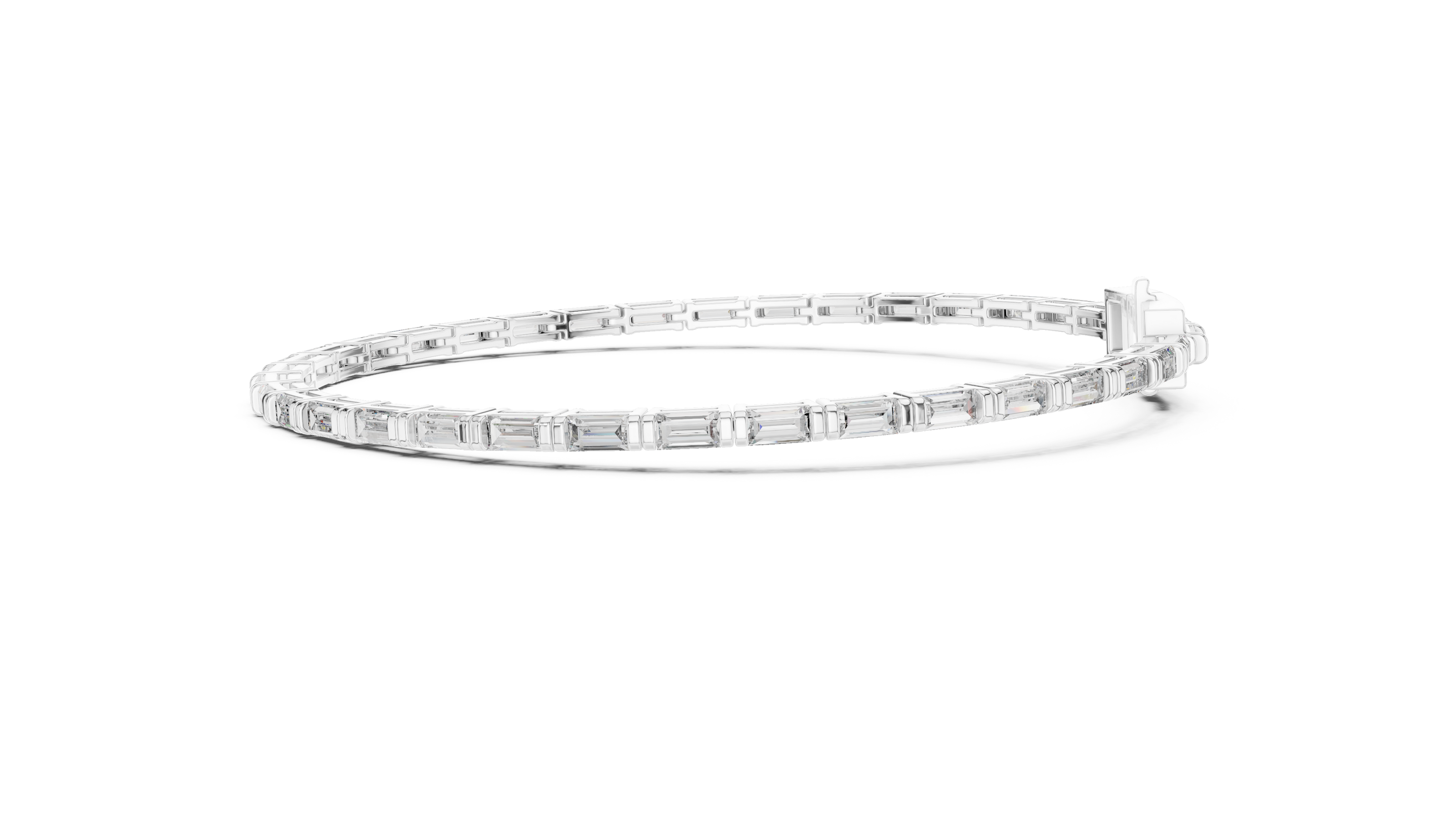 Lab grown baguette diamond tennis bracelet in yellow gold white gold and rose gold featuring sleek geometric diamond settings