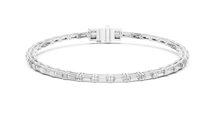 Lab grown baguette diamond tennis bracelet in yellow gold white gold and rose gold featuring sleek geometric diamond settings
