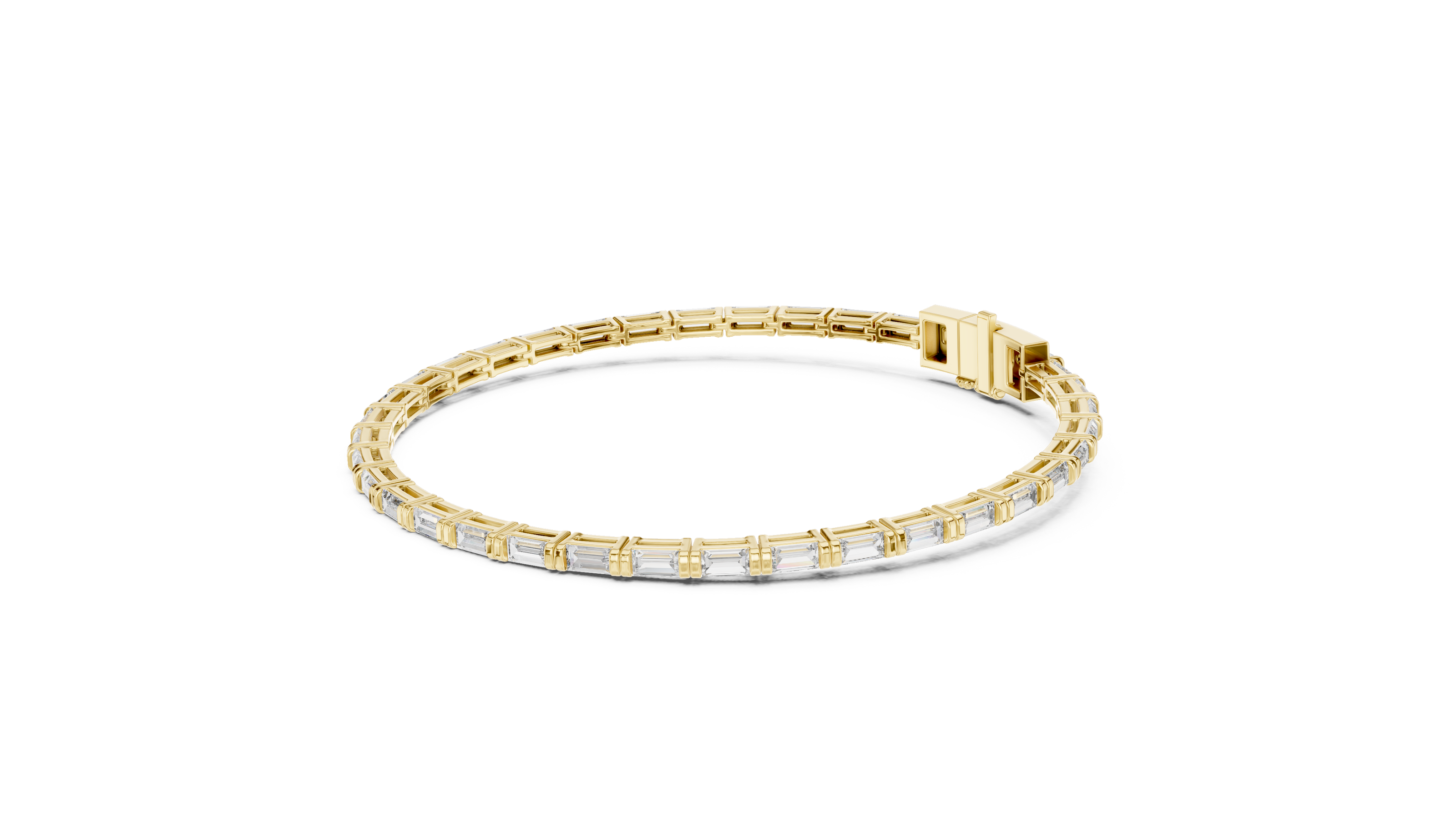 Lab grown baguette diamond tennis bracelet in yellow gold white gold and rose gold featuring sleek geometric diamond settings