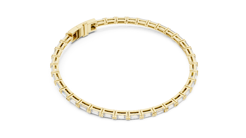 Lab grown baguette diamond tennis bracelet in yellow gold white gold and rose gold featuring sleek geometric diamond settings