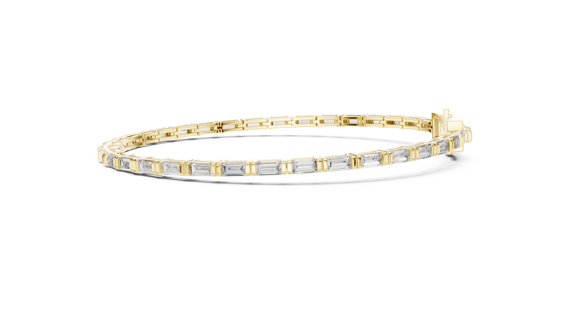 Lab grown baguette diamond tennis bracelet in yellow gold white gold and rose gold featuring sleek geometric diamond settings