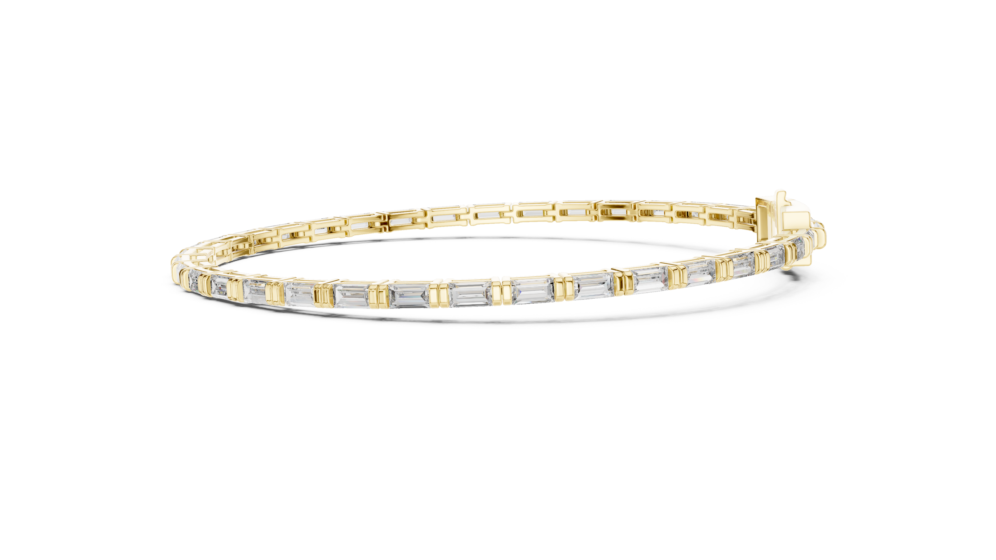 Lab grown baguette diamond tennis bracelet in yellow gold white gold and rose gold featuring sleek geometric diamond settings