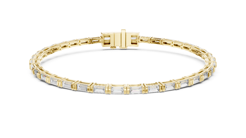 Lab grown baguette diamond tennis bracelet in yellow gold white gold and rose gold featuring sleek geometric diamond settings