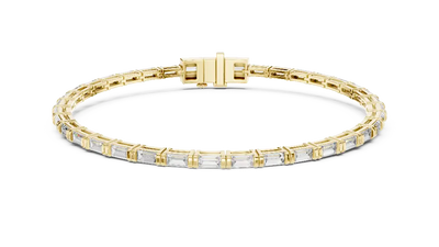 Lab grown baguette diamond tennis bracelet in yellow gold white gold and rose gold featuring sleek geometric diamond settings