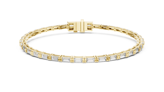 Lab grown baguette diamond tennis bracelet in yellow gold white gold and rose gold featuring sleek geometric diamond settings